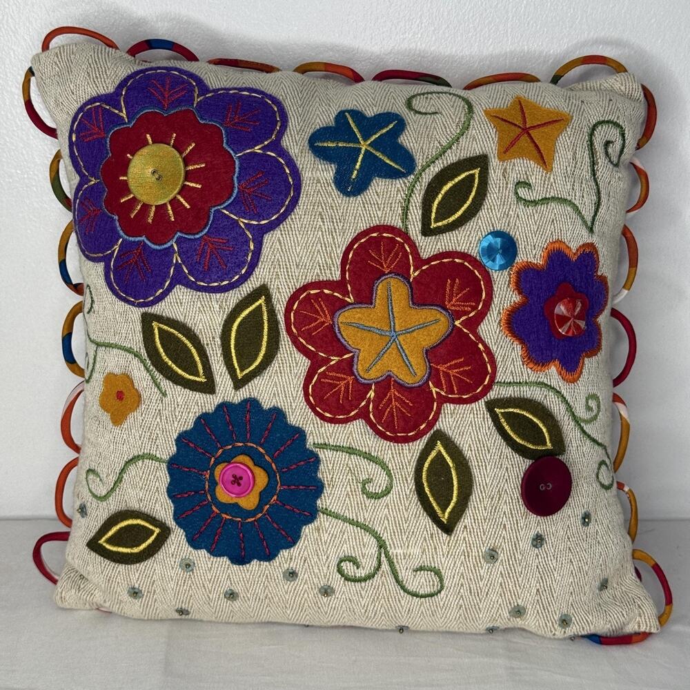 Pier 1 Imports Floral Throw Pillow 13x13 Buttons Boho Embroidered Beaded